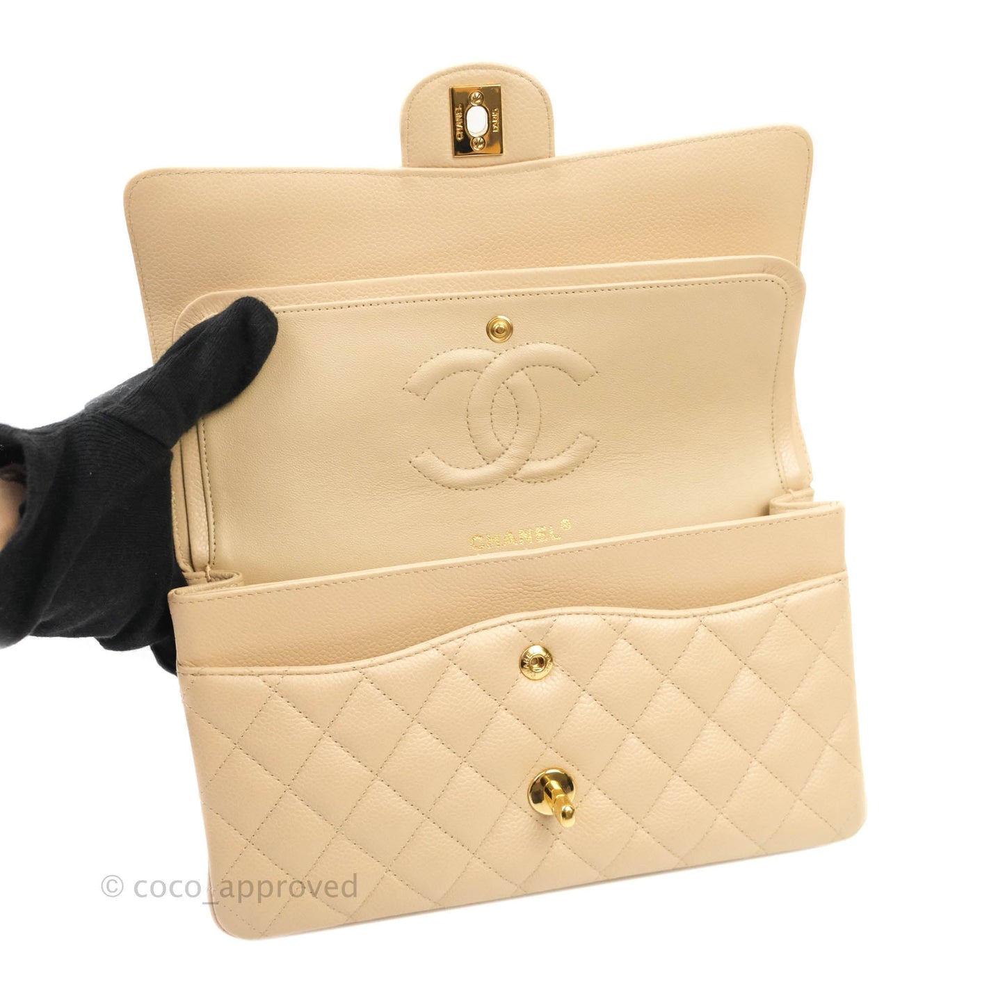 Chanel Classic M/L Medium Double Flap Beige Caviar Gold Hardware