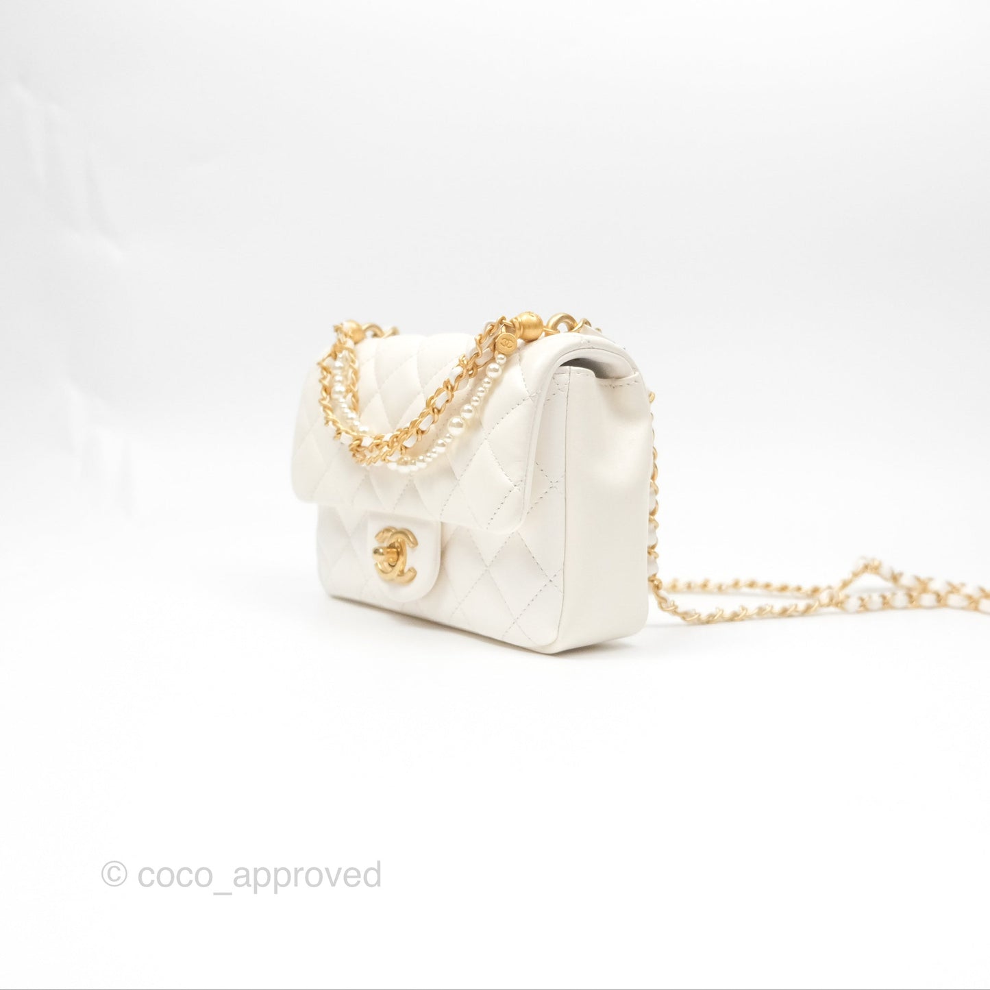 Chanel Pearl Chain Mini Flap Bag White Lambskin Aged Gold Hardware 24P