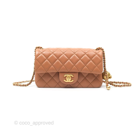 Chanel Mini Rectangular Pearl Crush Caramel Dark Beige Lambskin Aged Gold Hardware