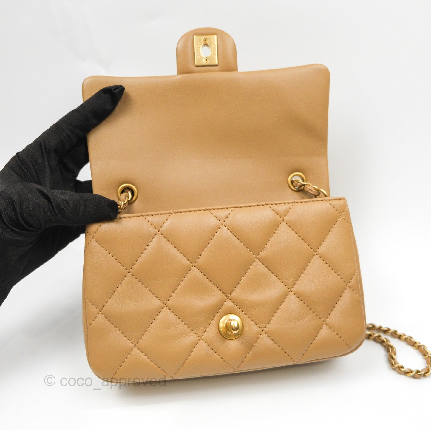 Chanel Mini Flap Bag With Heart CC Charm Dark Beige Lambskin Aged Gold Hardware