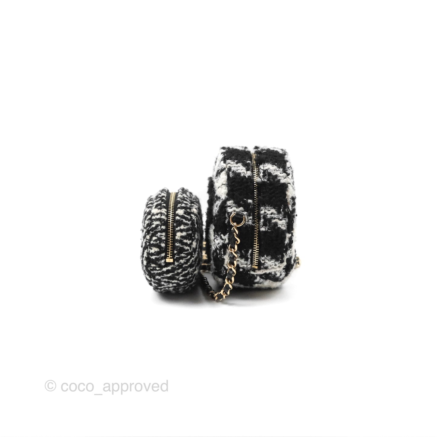 Chanel Shearling CC Round Clutch with Chain & Coin Purse Black & White Houndstooth Tweed