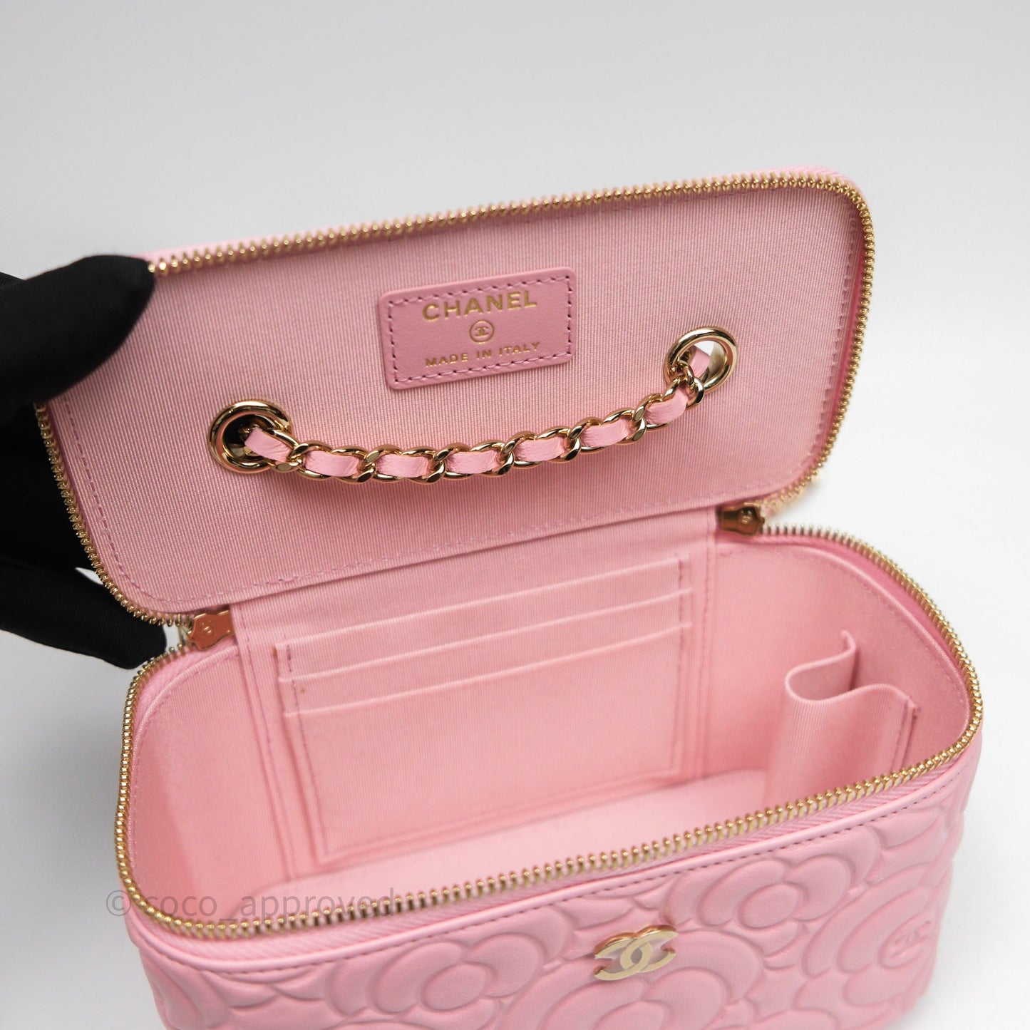 Chanel Vanity with Chain Camellia Embossed Pink Lambskin Gold Hardware