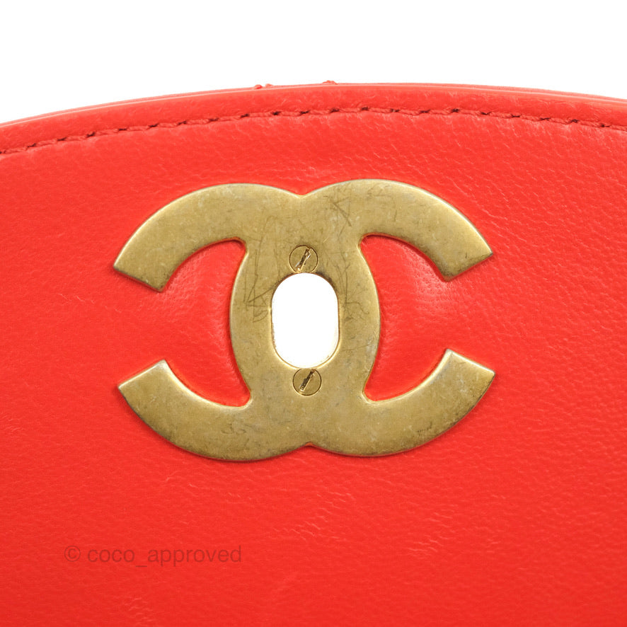 Chanel Top Handle Flap Bag Red Lambskin Aged Gold Hardware
