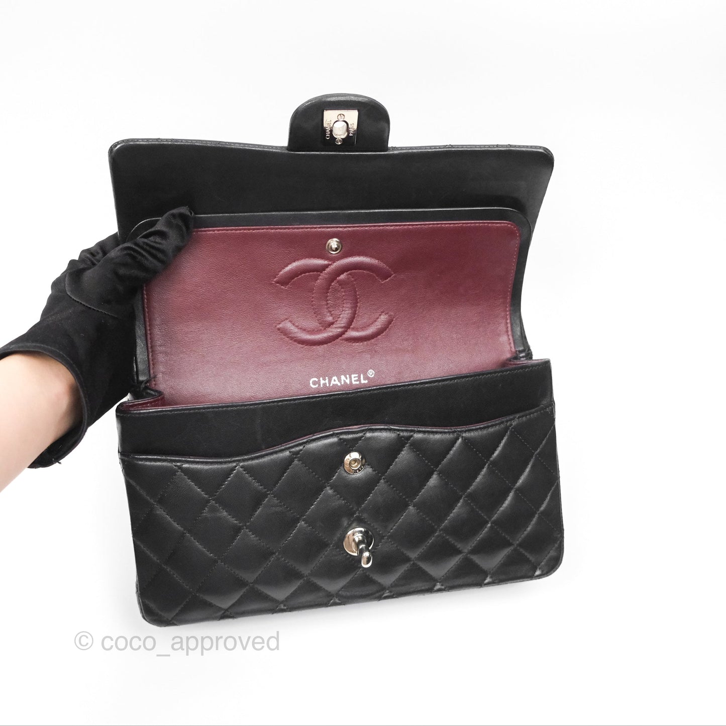 Chanel Classic M/L Medium Flap Quilted Black Lambskin Silver Hardware