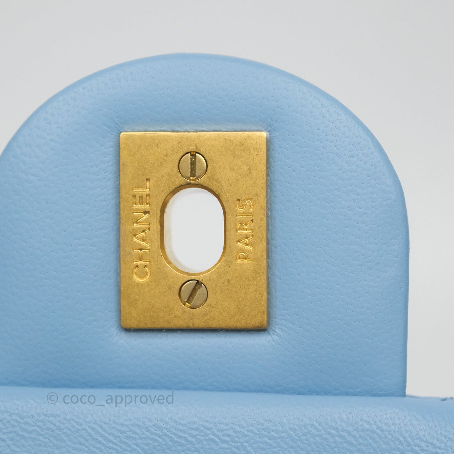 Chanel Mini Rectangular Pearl Crush Quilted Sky Blue Lambskin Aged Gold Hardware