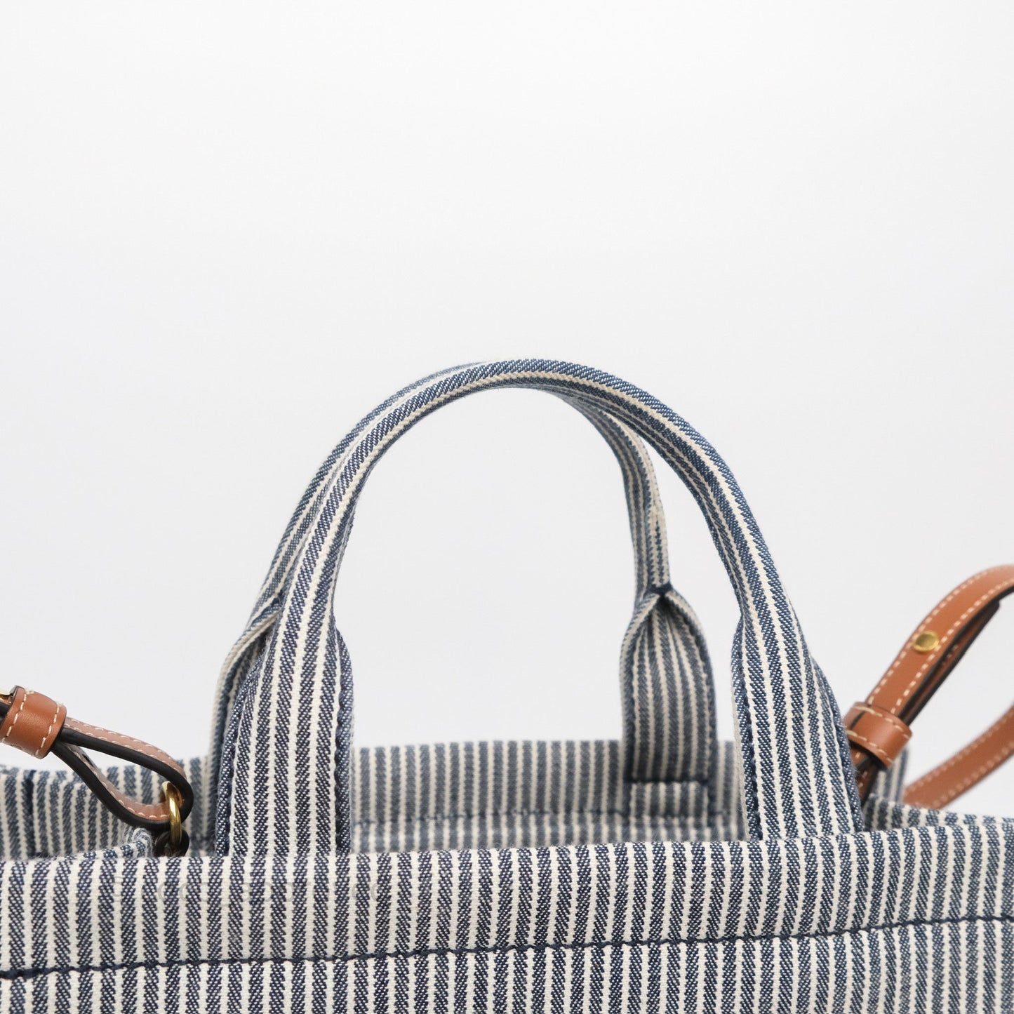 Celine Small Triomphe Cabas Thais Navy Blue Striped Canvas Tan Calfskin