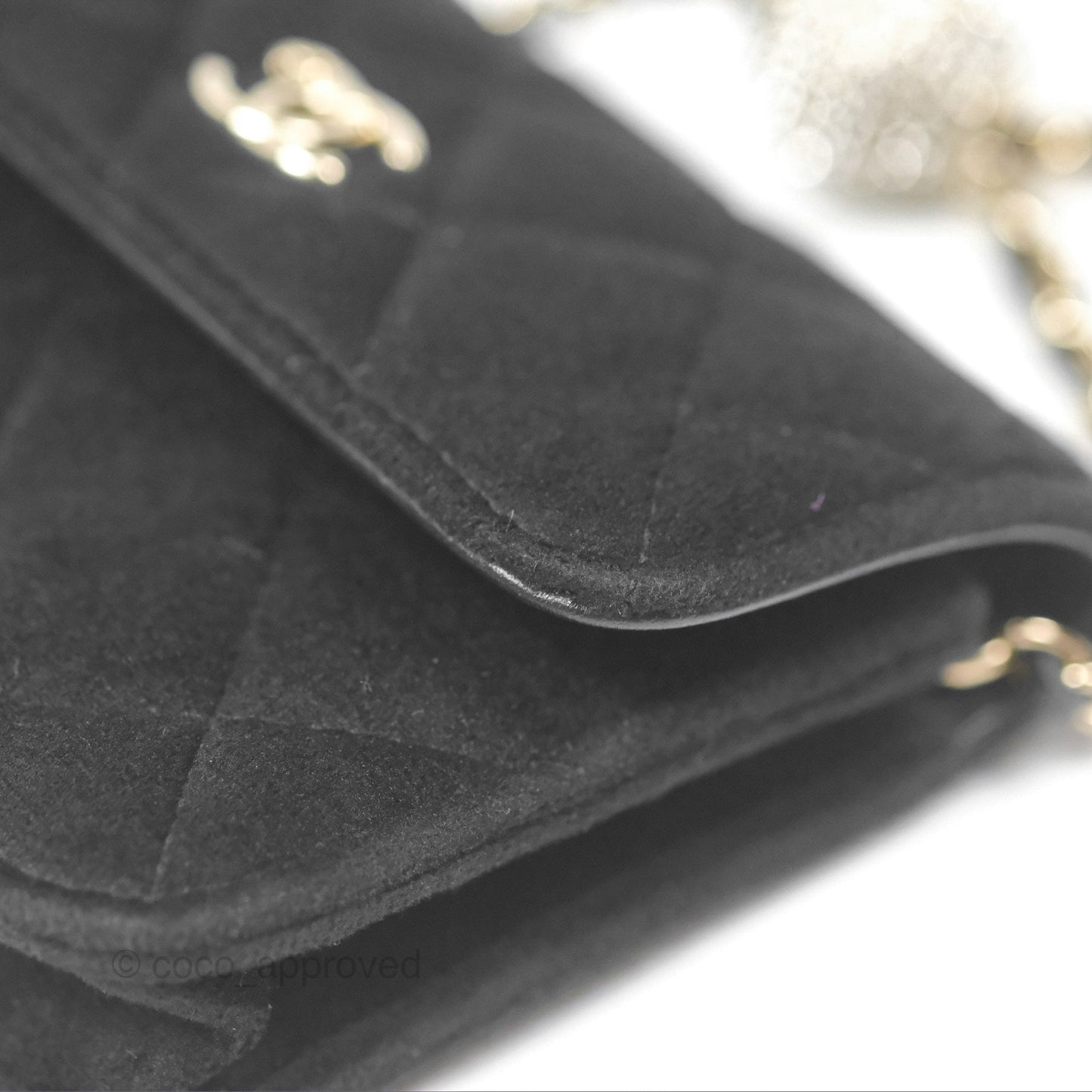Chanel Crystals Pearl Crush Mini Belt Bag with Chain Black Velvet Gold Hardware