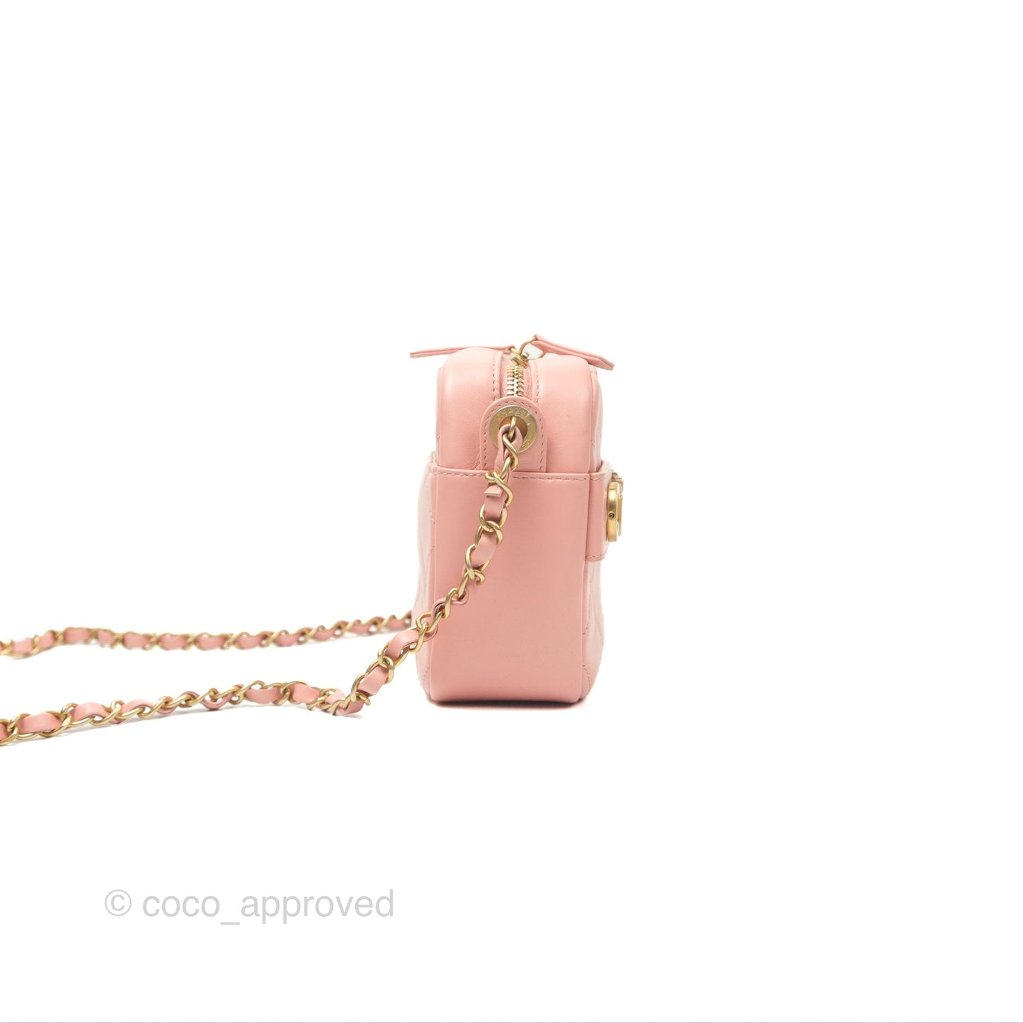 Chanel Logo Enchained Camera Bag Pink Calfskin Aged Gold Hardware