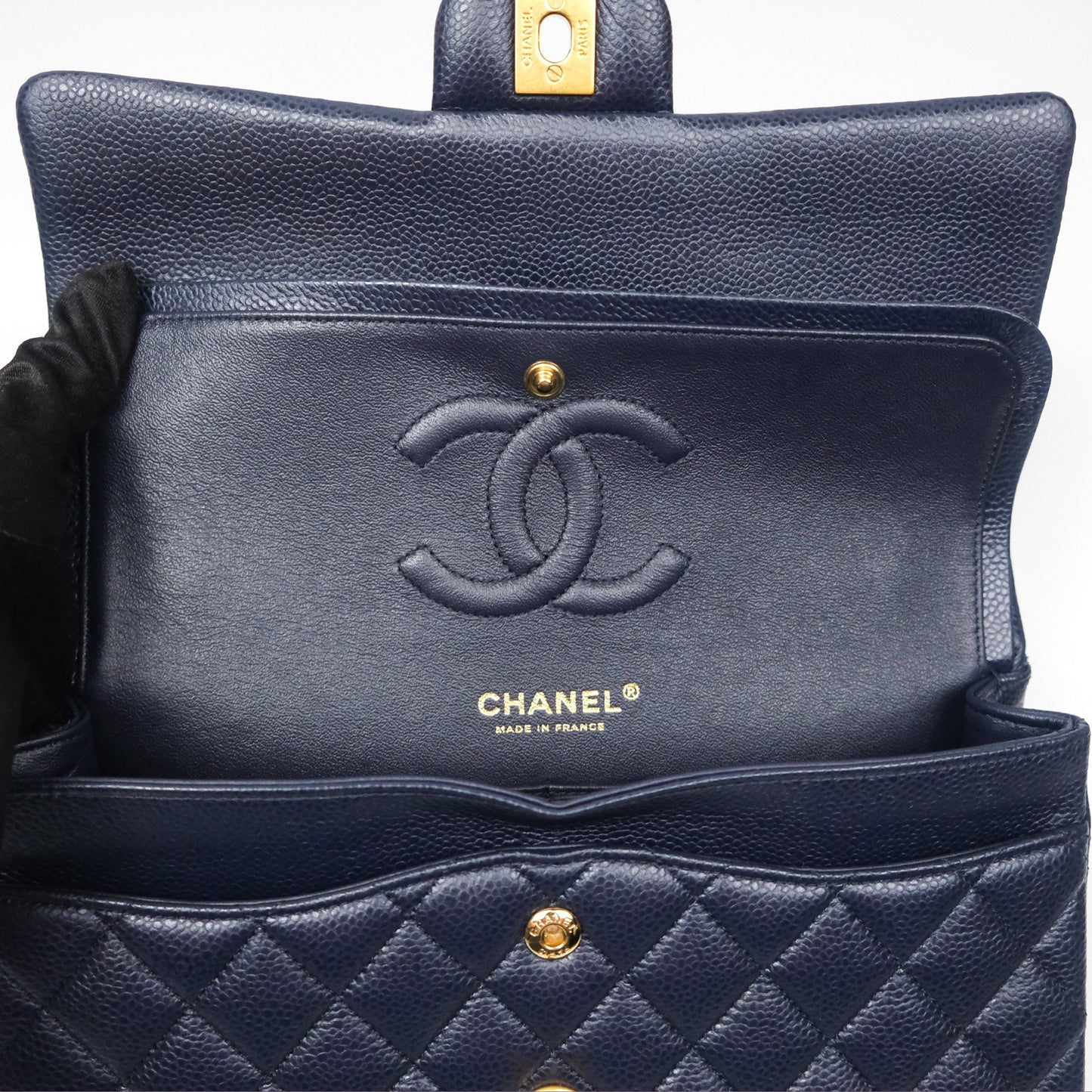 Chanel Classic M/L Medium Flap Quilted French Navy Caviar Aged Gold Hardware
