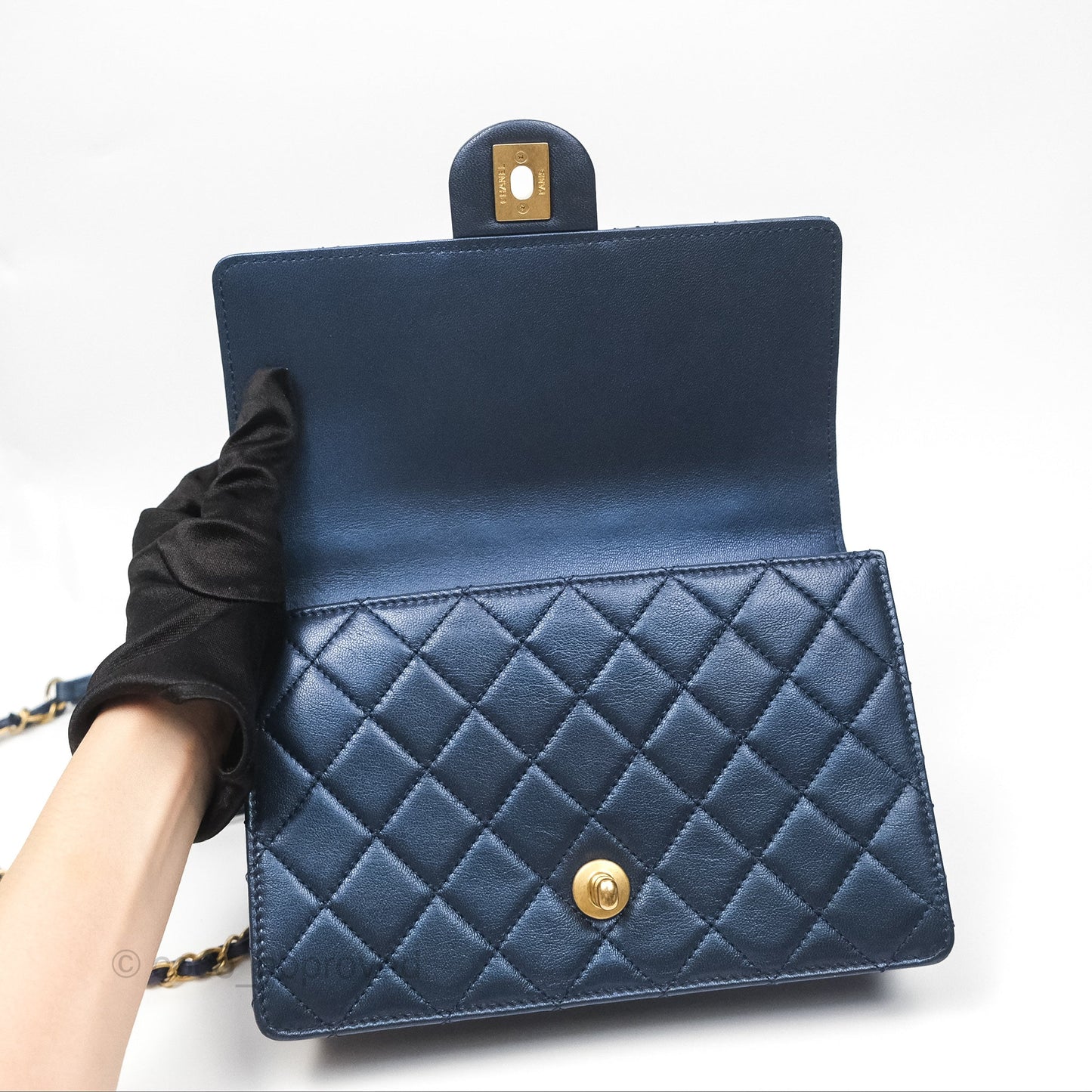 Chanel Small Quilted Chic Pearls Flap Iridescent Navy Goatskin Aged Gold Hardware