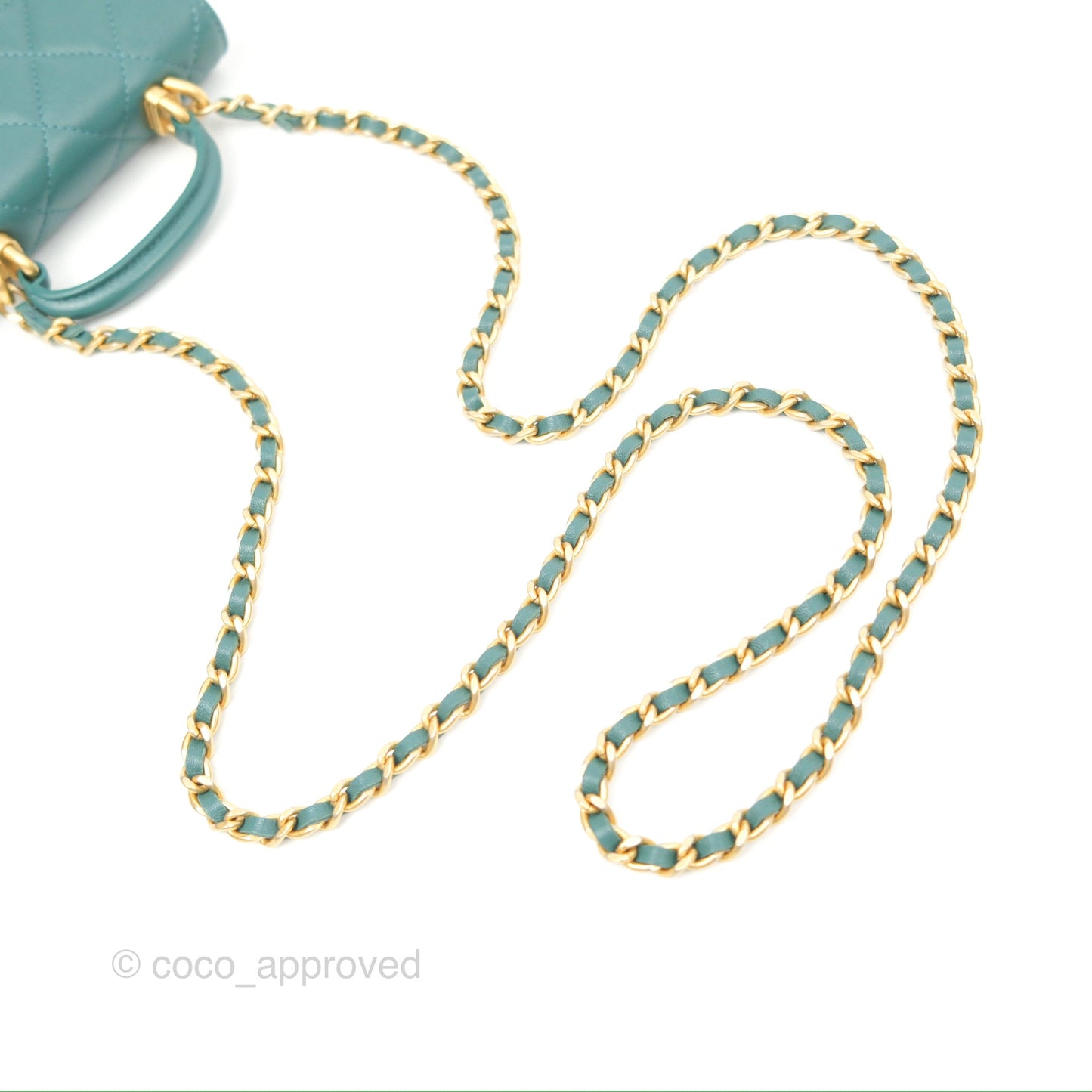 Chanel Mini Handle Flap Coin Purse With Chain Teal Green Lambskin Aged Gold Hardware