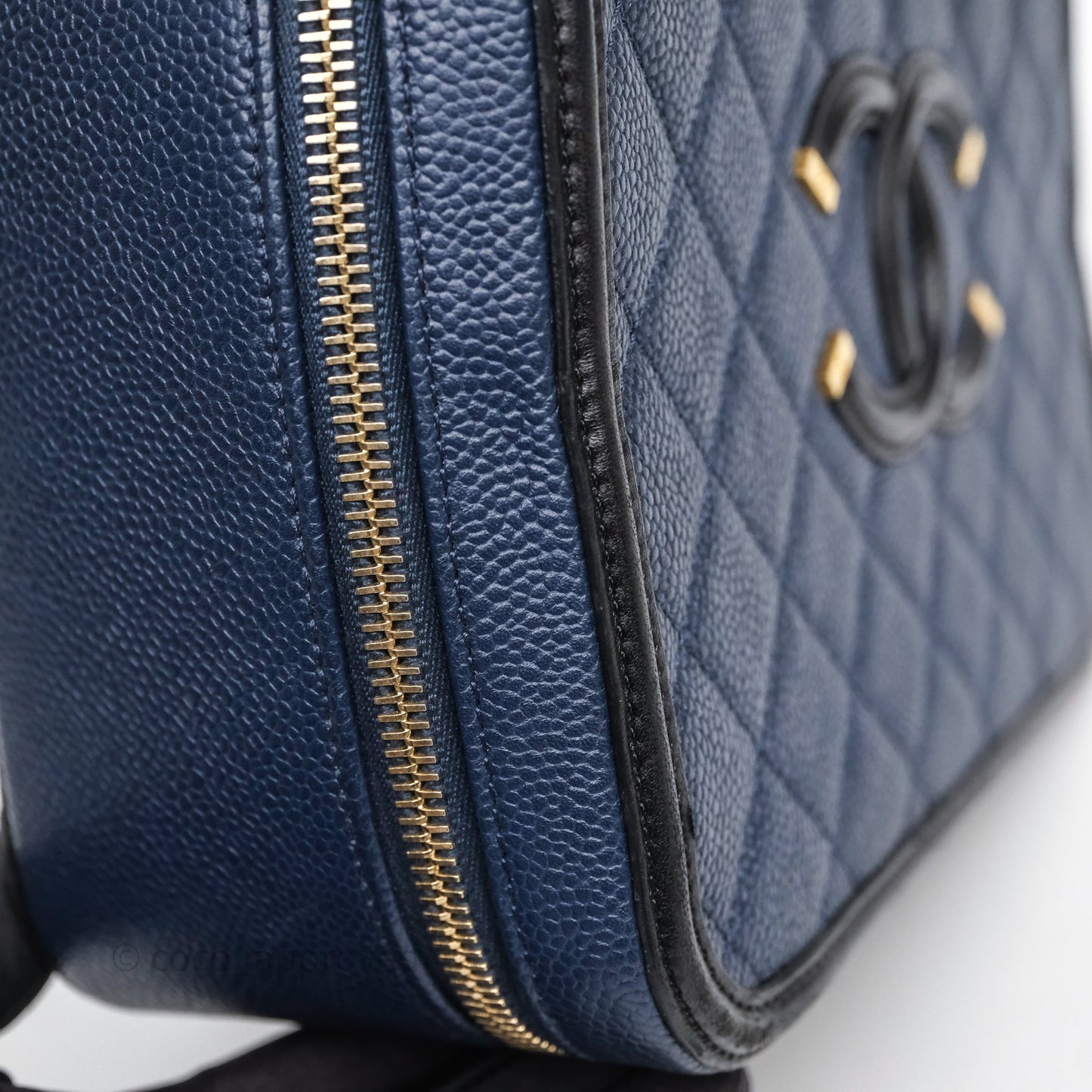 Chanel Quilted Large CC Filigree Vanity Case Navy Black Caviar Aged Gold Hardware