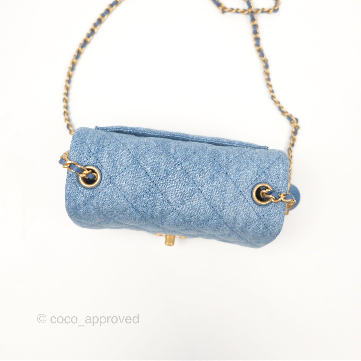 Chanel Mini Square Pearl Crush Quilted Denim Aged Gold Hardware