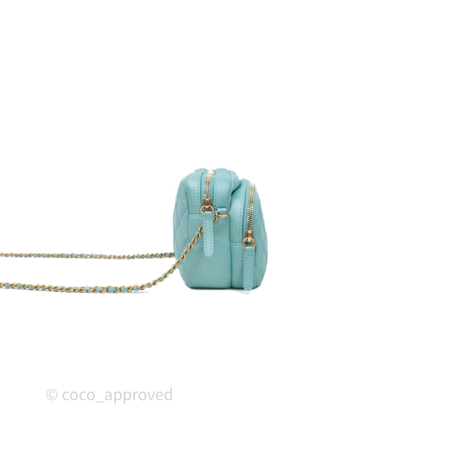 Chanel Camera Bag Quilted Pearly Turquoise Lambskin Aged Gold Hardware