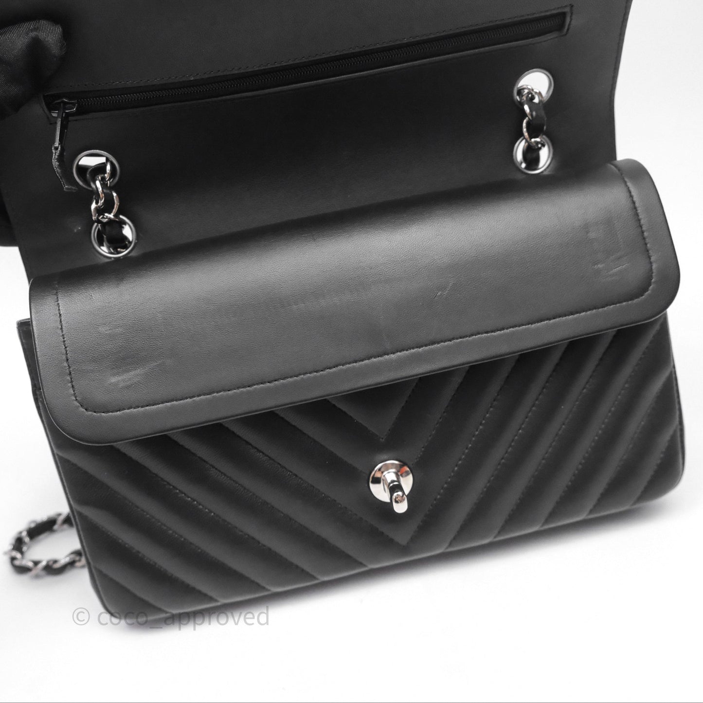 Chanel Classic M/L Medium Flap Chevron Black Lambskin Silver Hardware