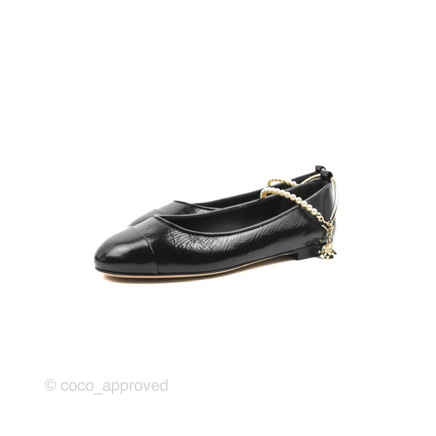 Chanel Ankle Pearl Flat Ballerinas Black Lambskin 23C Sizes 37