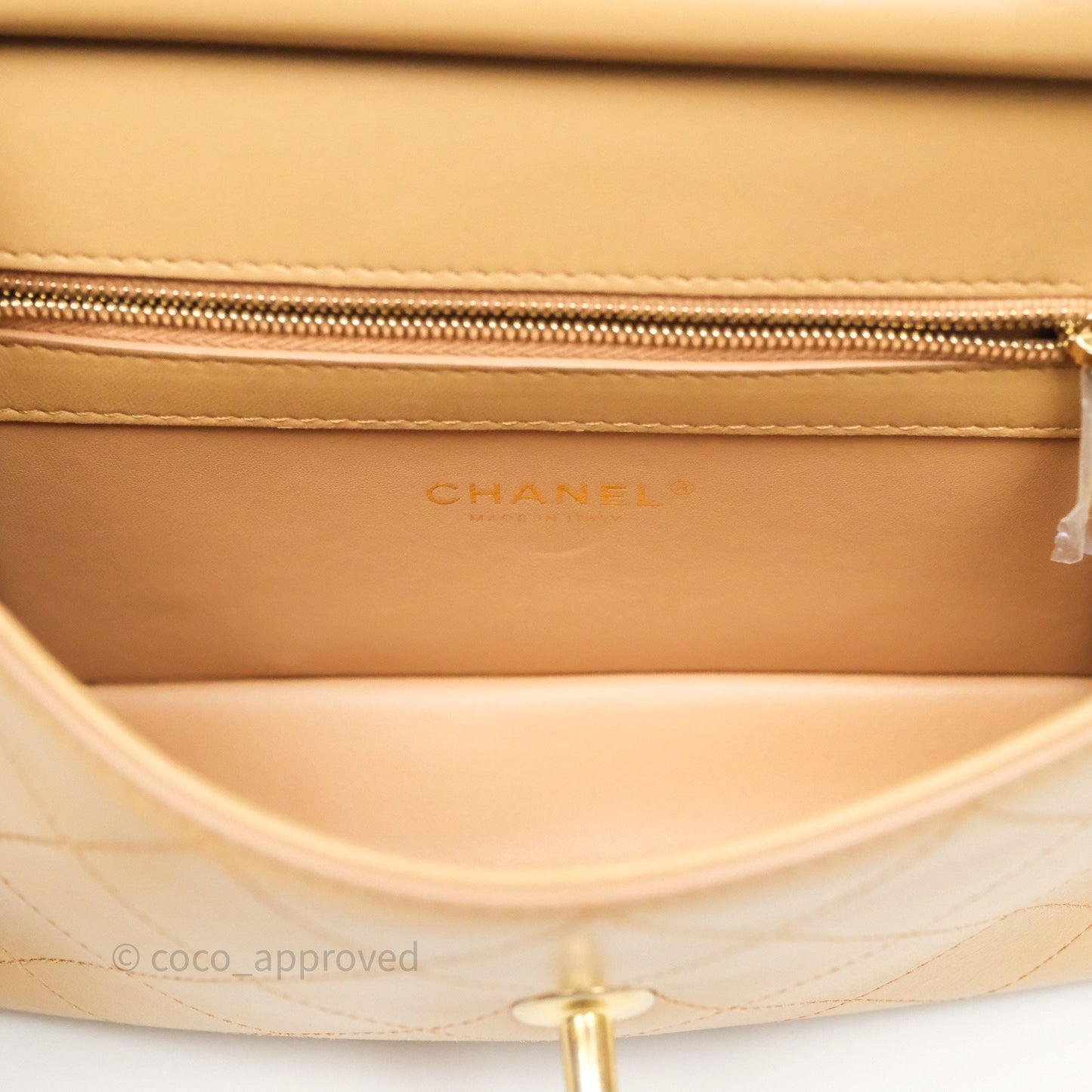 Chanel Small Coco Luxe Flap Bag Caramel Beige Calfskin Aged Gold Hardware