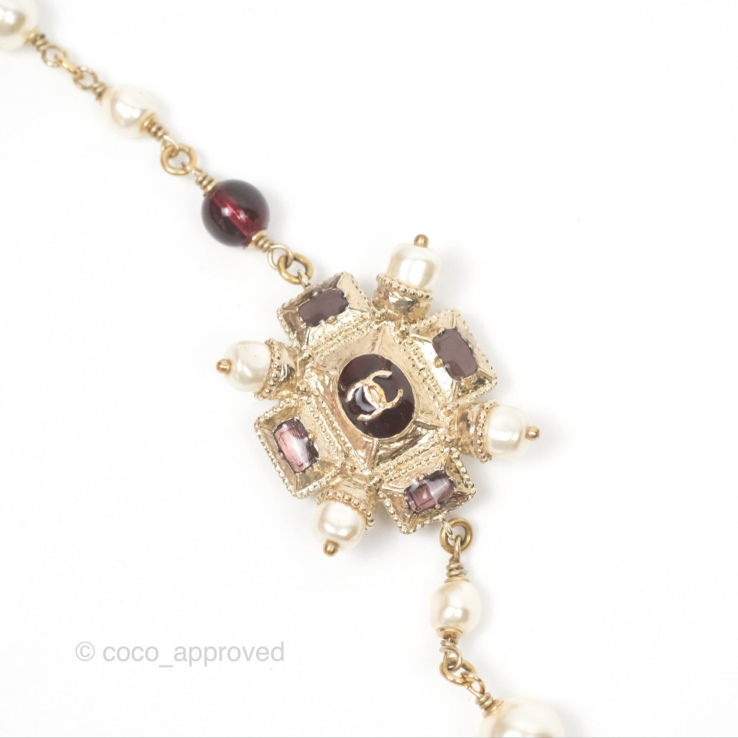 Chanel CC Pearl GemStone Long Necklace Gold Tone 17A