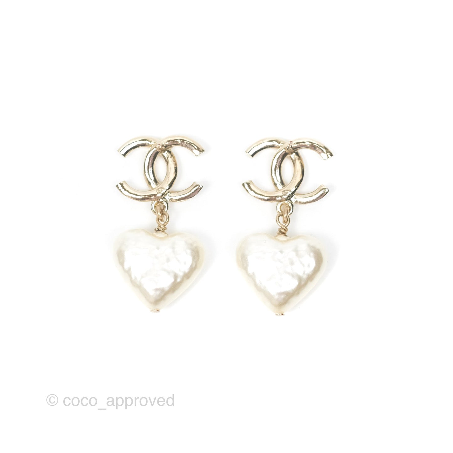 Chanel CC Pearl Heart Drop Earrings Gold Tone 22V