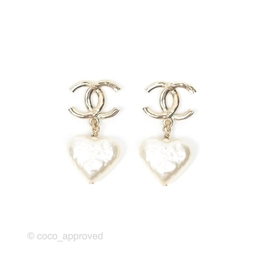 Chanel CC Pearl Heart Drop Earrings Gold Tone 22V
