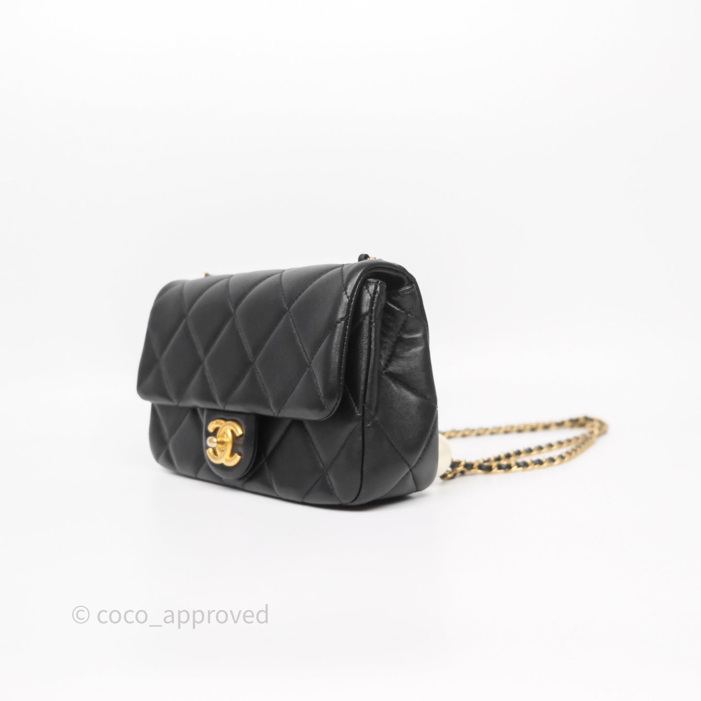 Chanel Quilted Flap Bag with Pearl Chain Black Calfskin Aged Gold Hardware