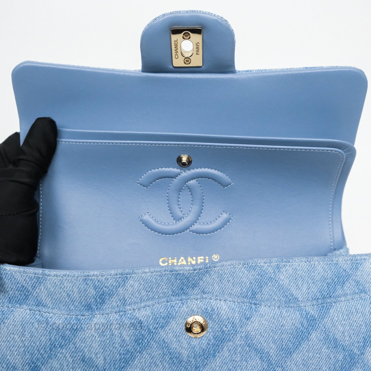 Chanel Small Double Flap Blue Printed Quilted Denim Gold Hardware