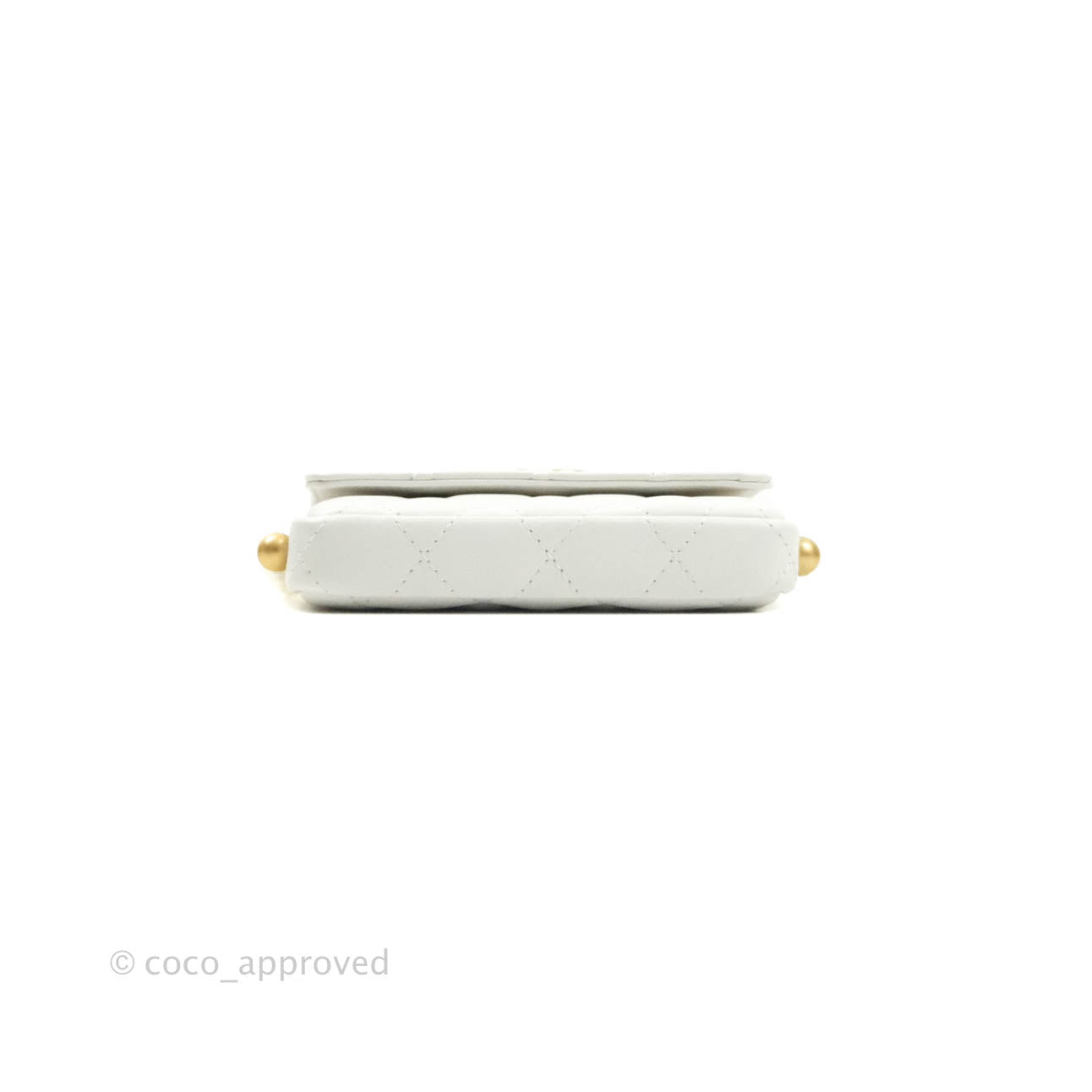 Chanel Flap Card Holder With Pearl Chain White Calfskin Aged Gold Hardware