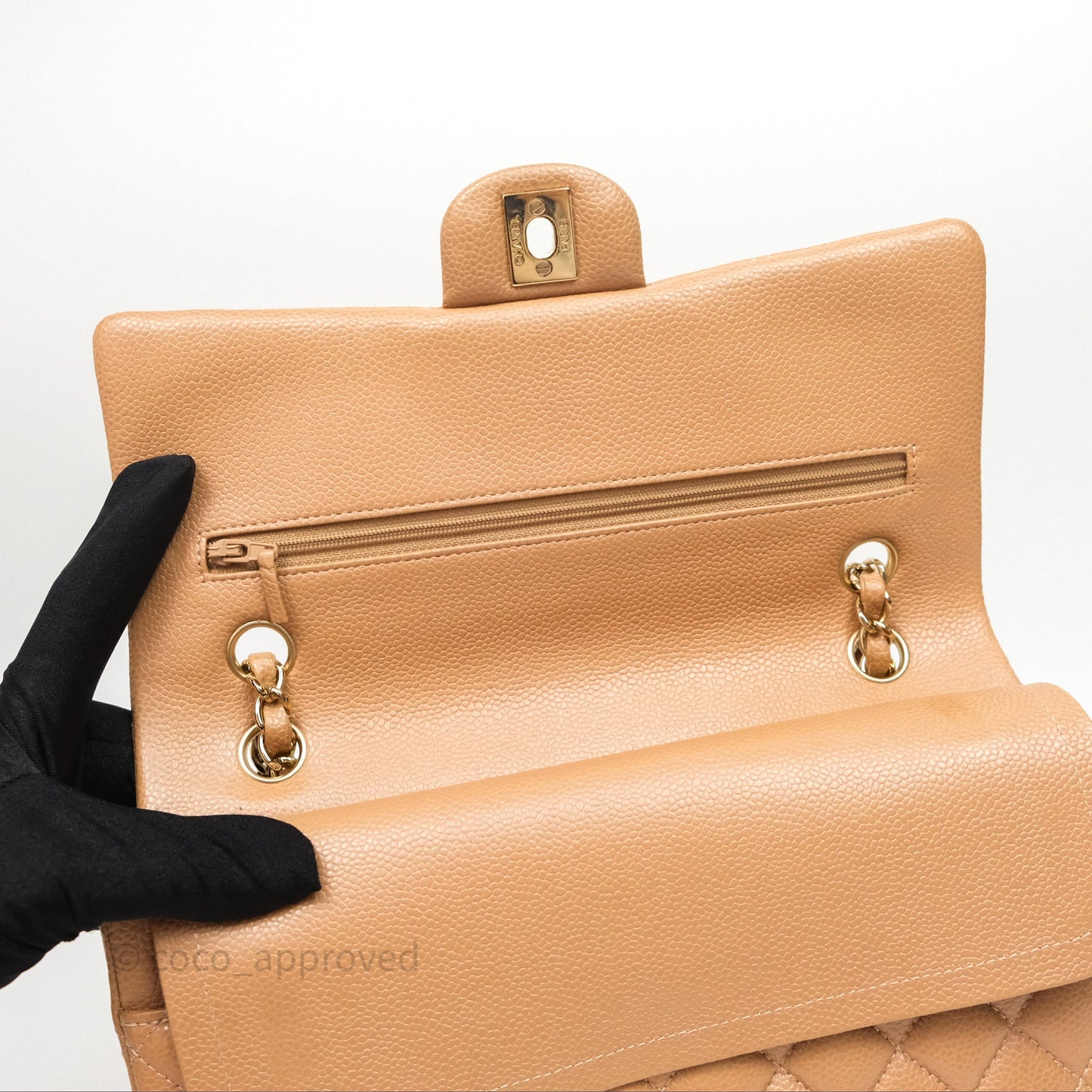 Chanel Classic M/L Medium Flap Quilted Beige Caviar Gold Hardware