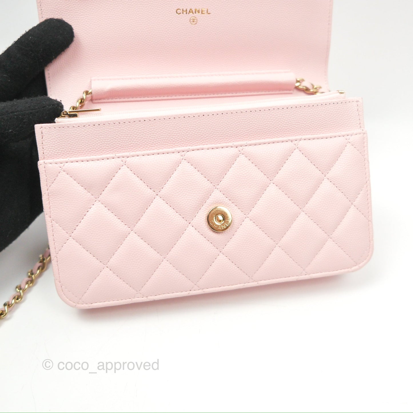 Chanel Quilted Classic Wallet On Chain WOC Pink Caviar Gold Hardware