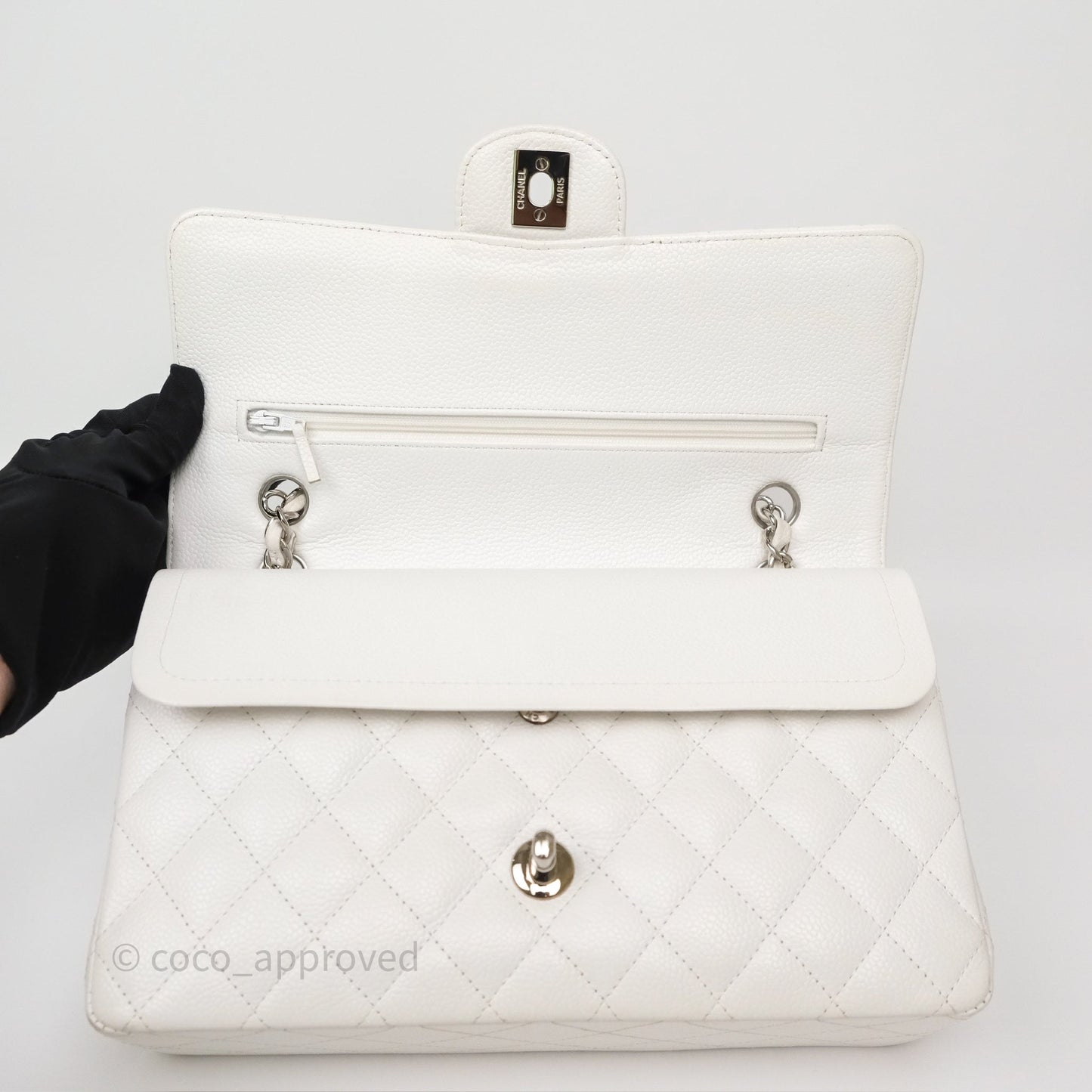 Chanel M/L Medium Classic Flap Quilted White Caviar Silver Hardware