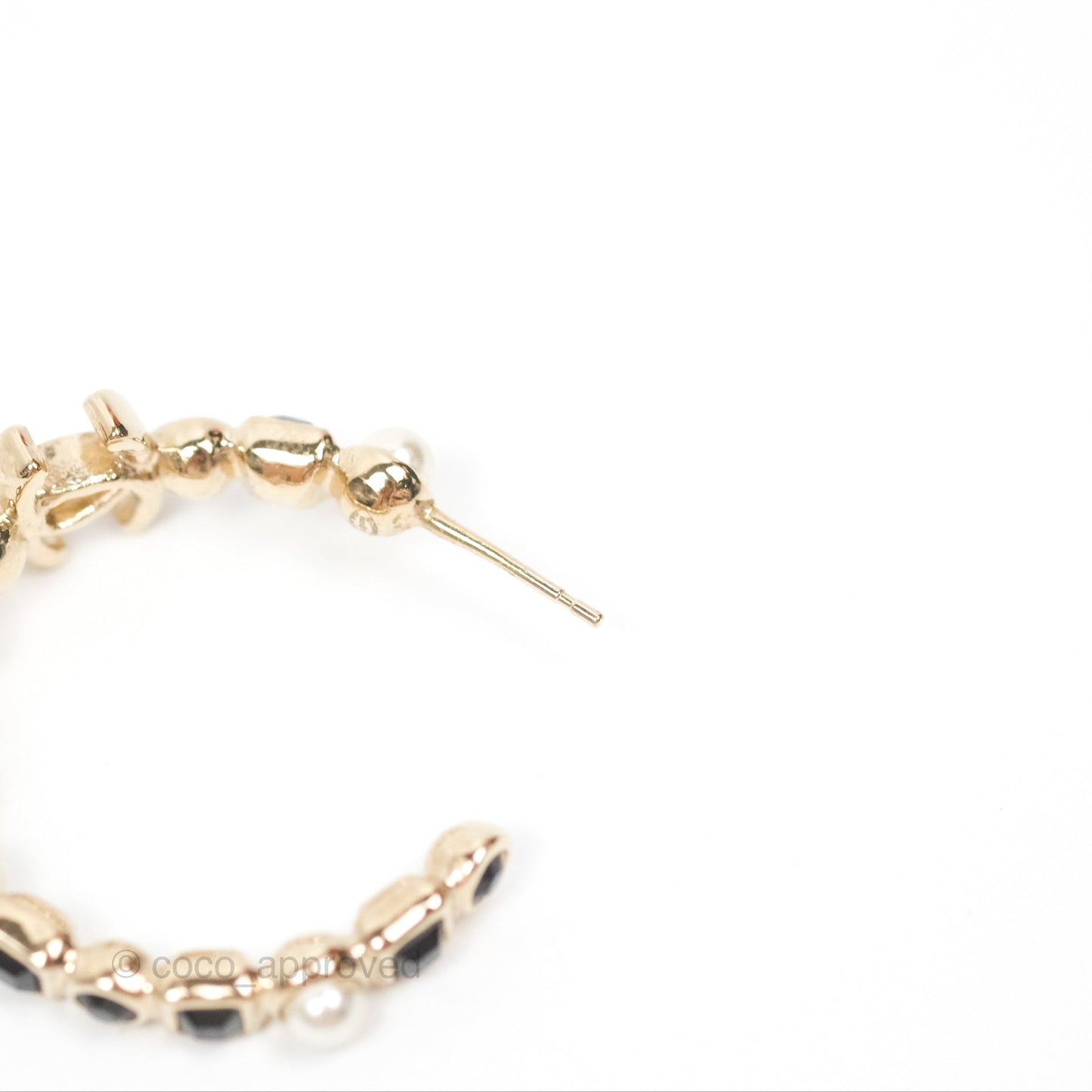 Chanel CC Pearl Black Rhinestone Hoop Earrings Gold Tone 23V