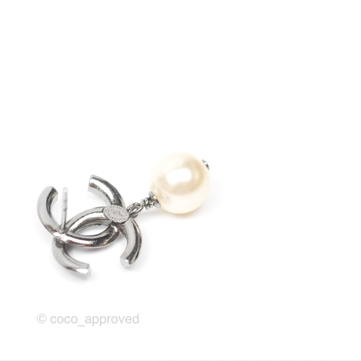 Chanel CC Pearl Drop Earrings Gun Metal 11A