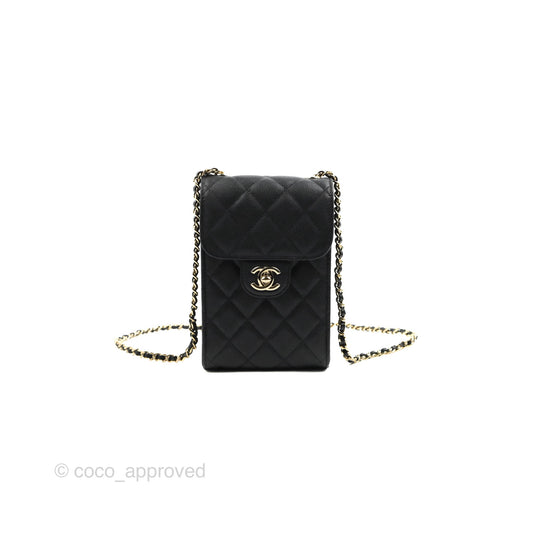 Chanel Classic Quilted Phone Holder Black Caviar Gold Hardware