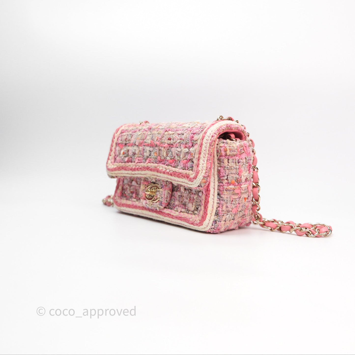 Chanel Mini Rectangular Flap Pink Tweed Braid Gold Hardware