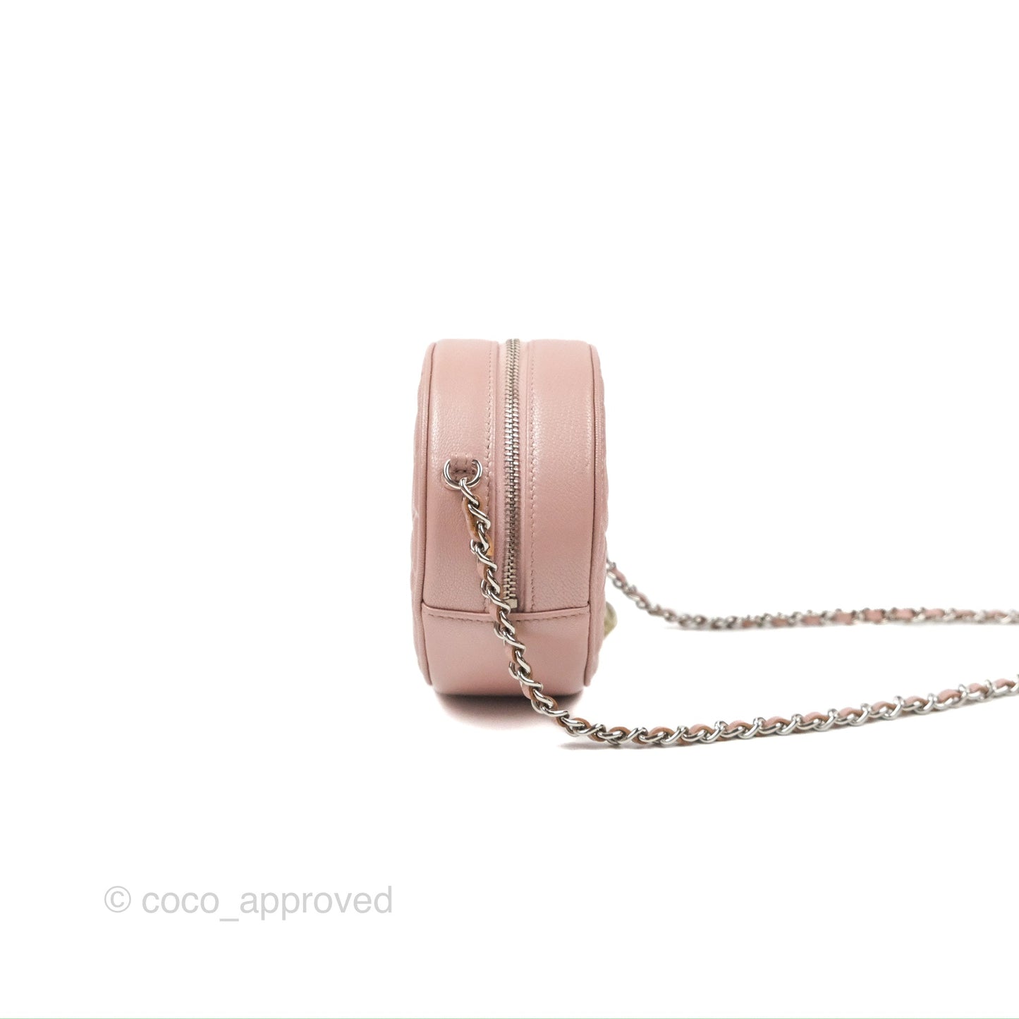 Chanel Camellia Embossed Round Clutch With Chain Iridescent Light Pink Goatskin Silver Hardware