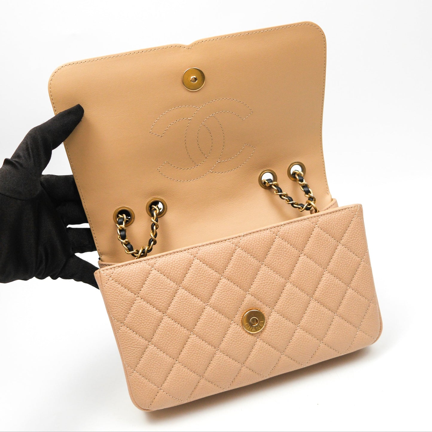 Chanel Quilted Small CC Filigree Flap Beige Black Caviar