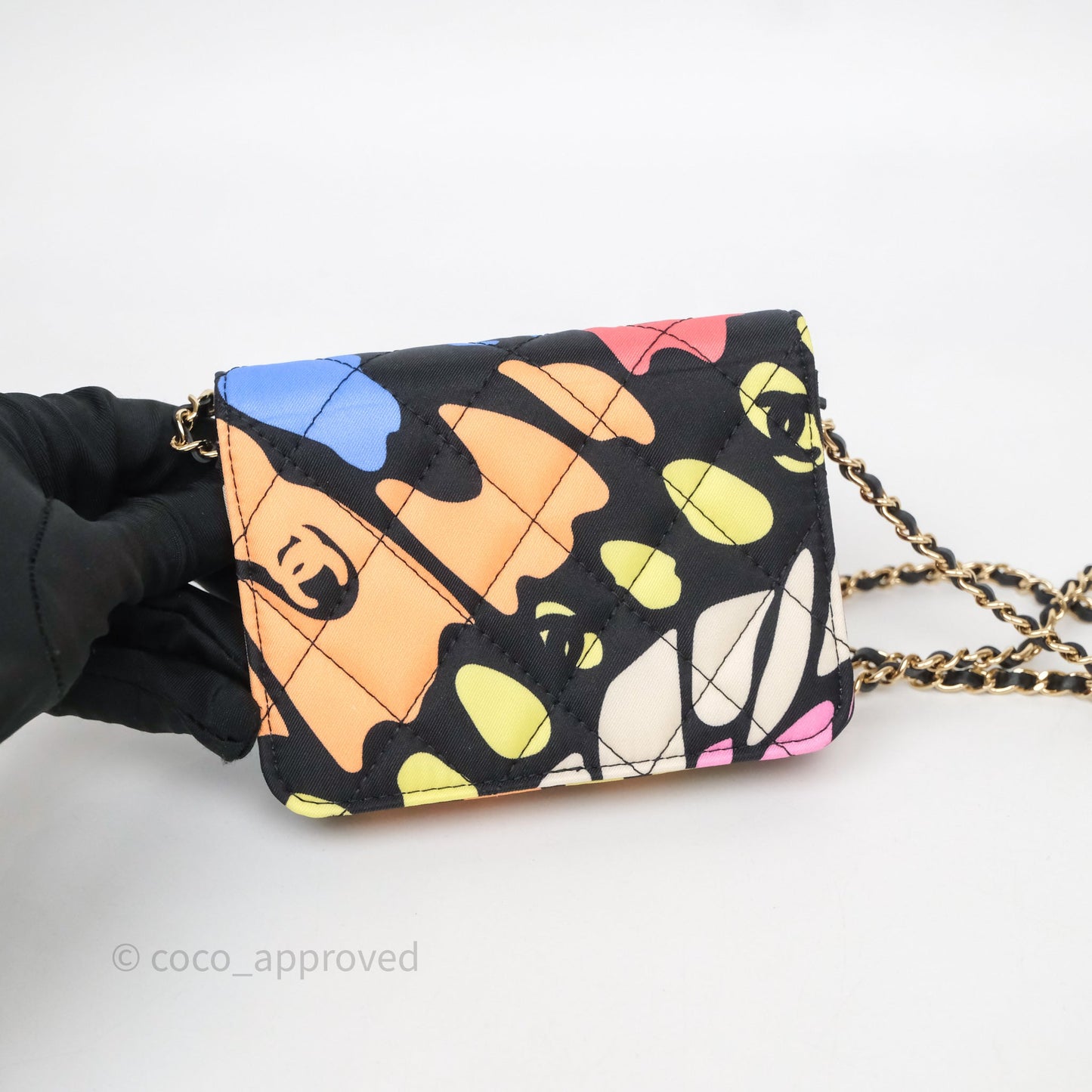 Chanel Mini Wallet With Chain CC Floral Printed Fabric Gold Hardware