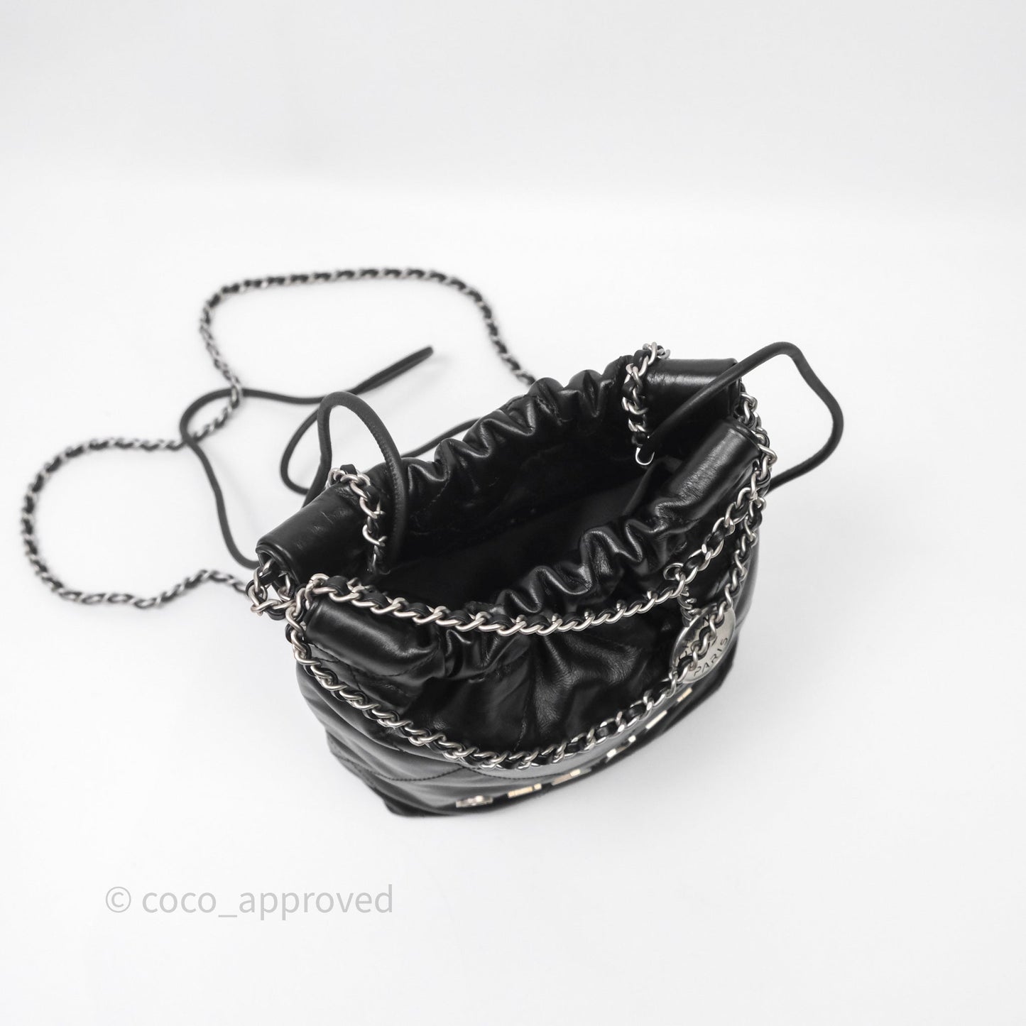Chanel 22 Mini Bag Black Shiny Crumpled Calfskin Matte Silver Hardware
