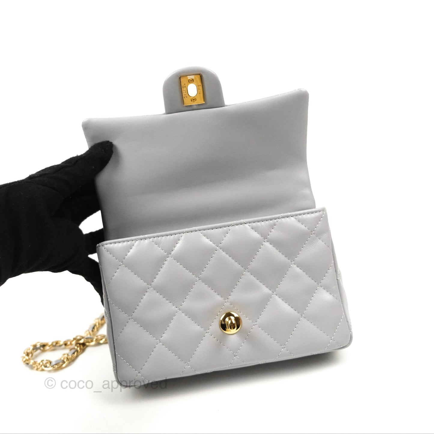 Chanel Top Handle Mini Flap Bag Light Grey Lambskin Gold Hardware 23S