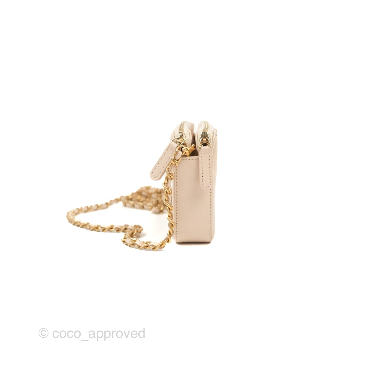 Chanel Boy Double Zip Clutch On Chain Chevron Pale Beige Aged Gold Hardware