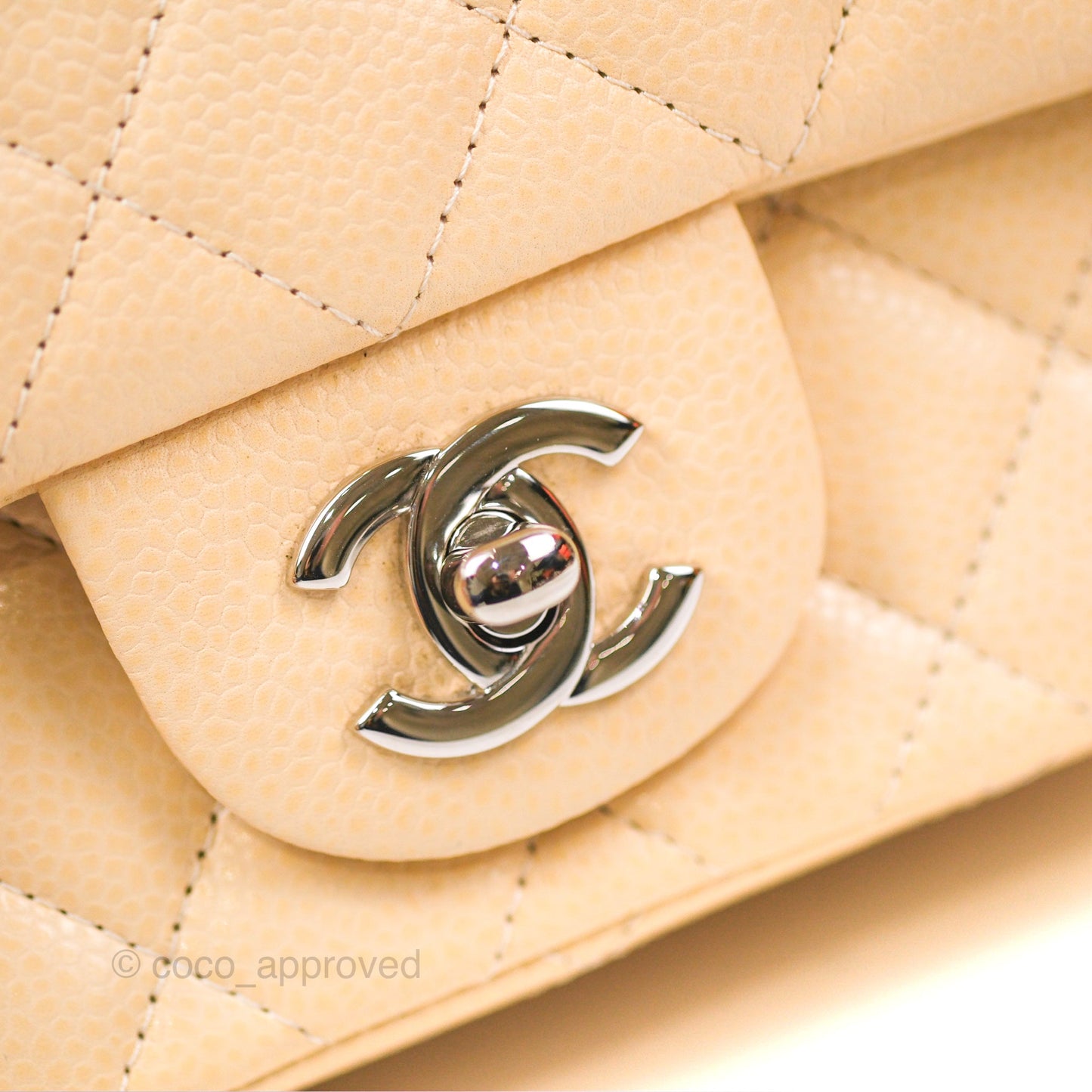Chanel Quilted Mini Square Flap Light Beige Caviar Silver Hardware
