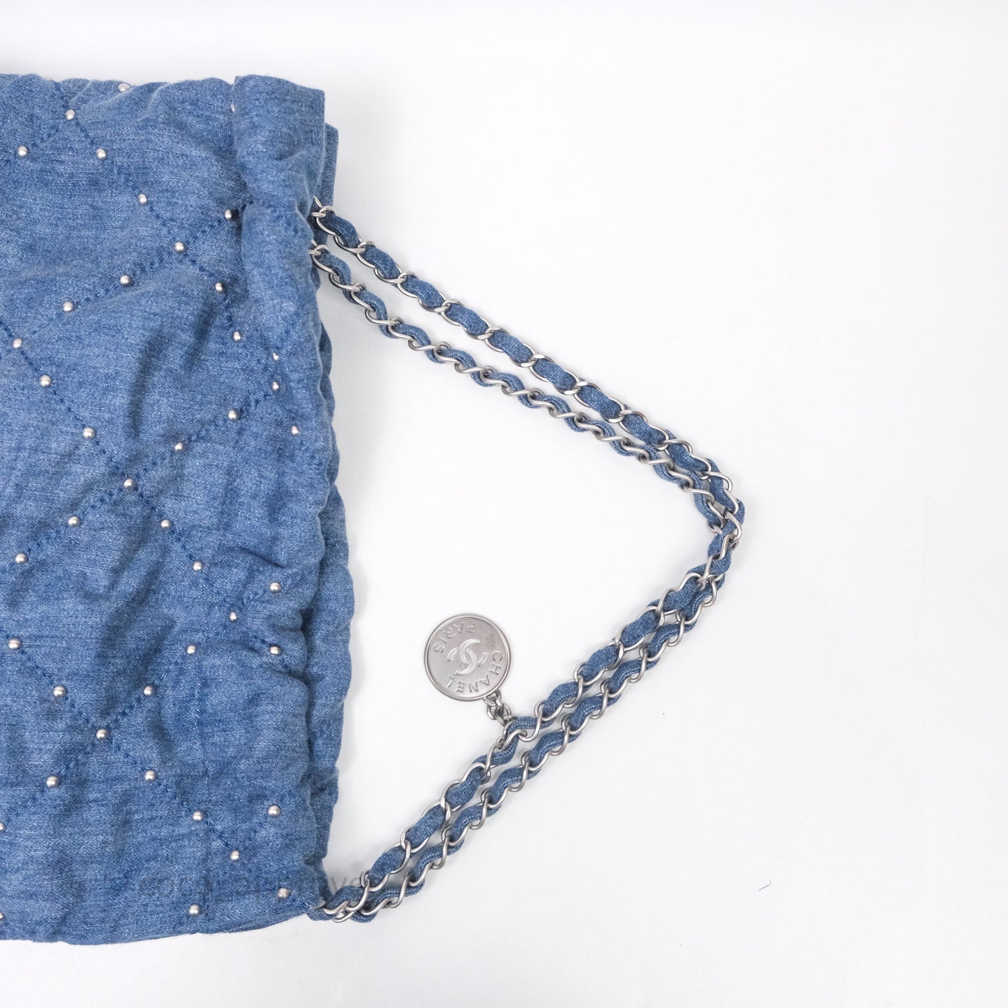Chanel 22 Small Pearl Studded Denim Silver Hardware