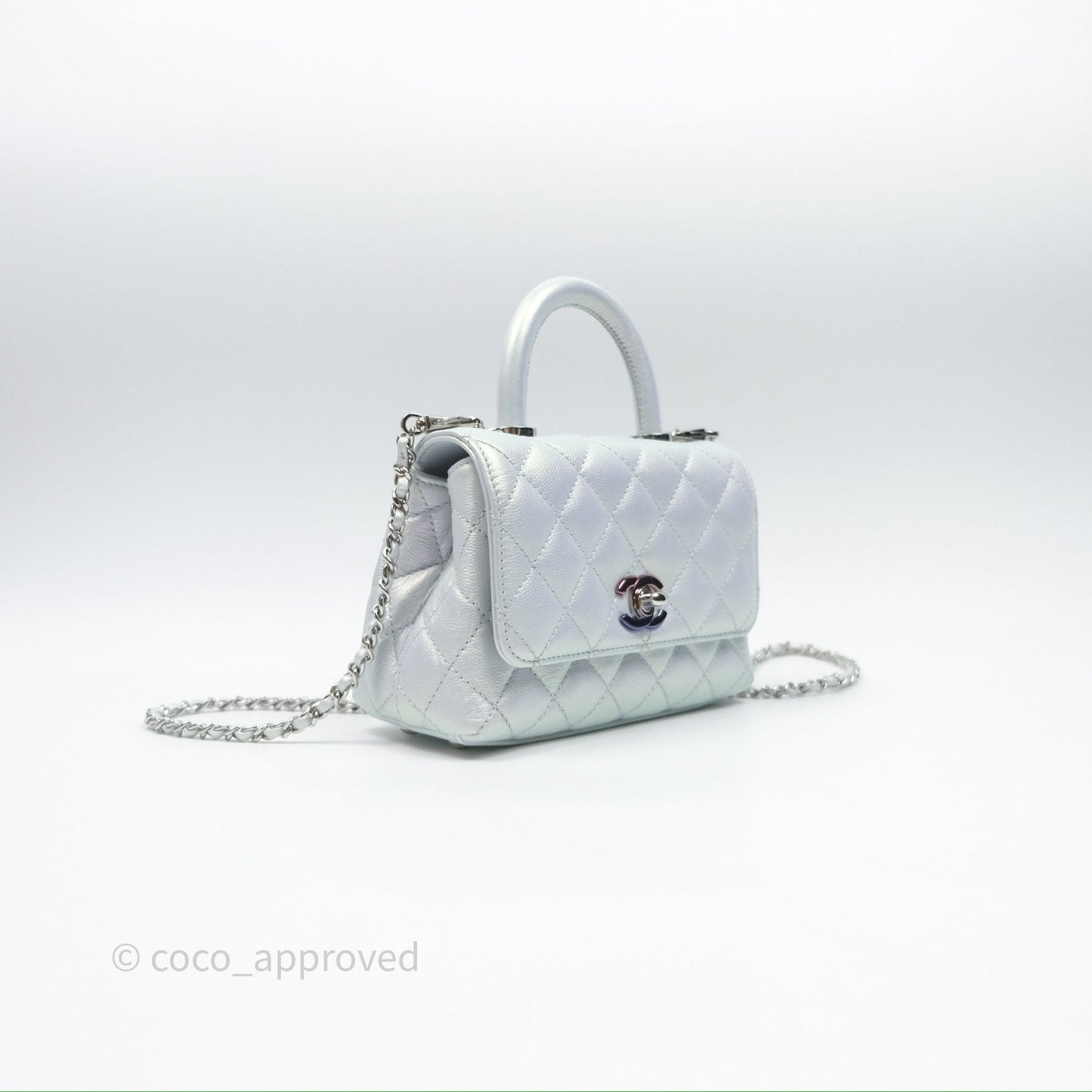 Chanel Mini Coco Handle Quilted Iridescent Light Blue Caviar Rainbow Hardware