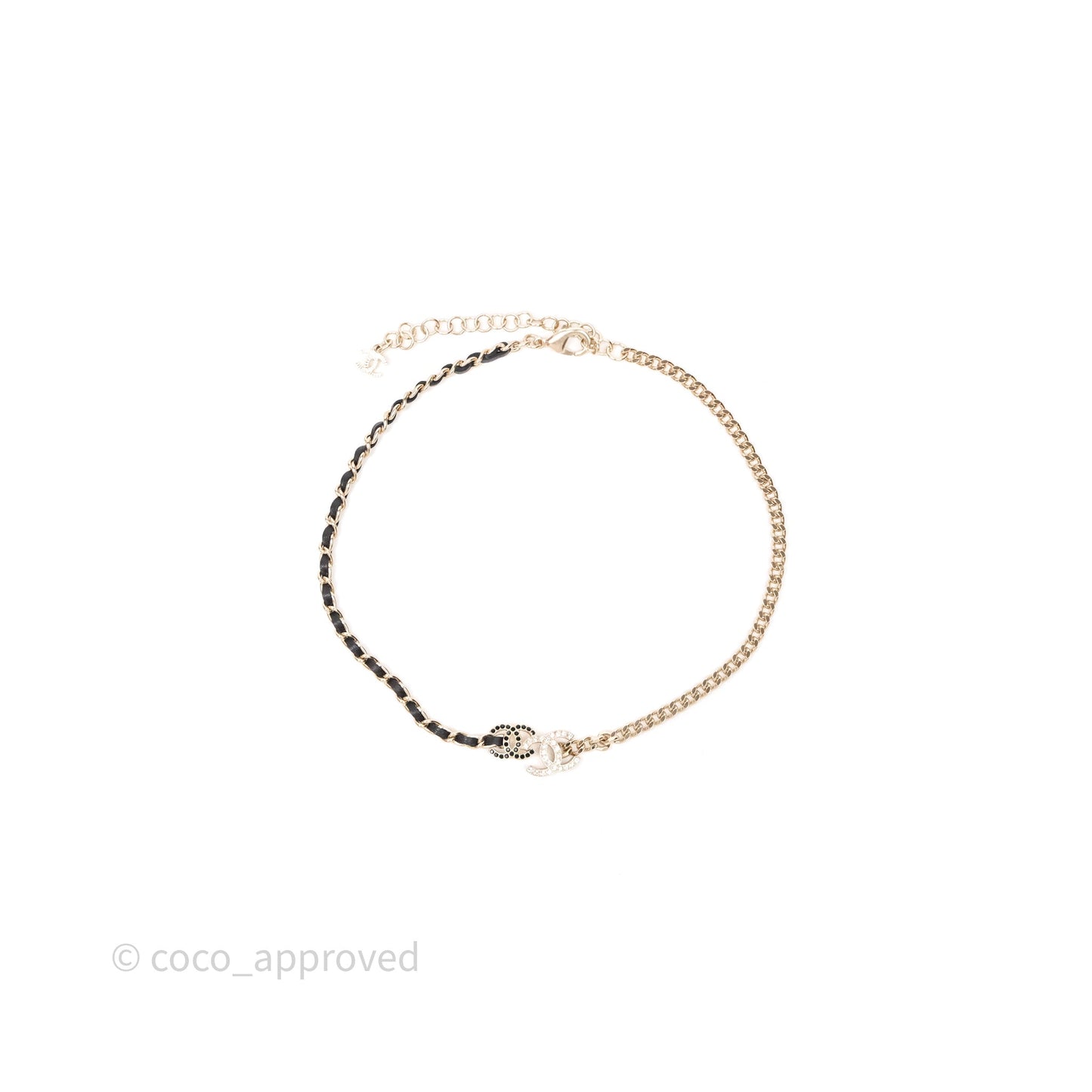 Chanel Double CC Crystals Black Leather Chain Choker Gold Tone 23V