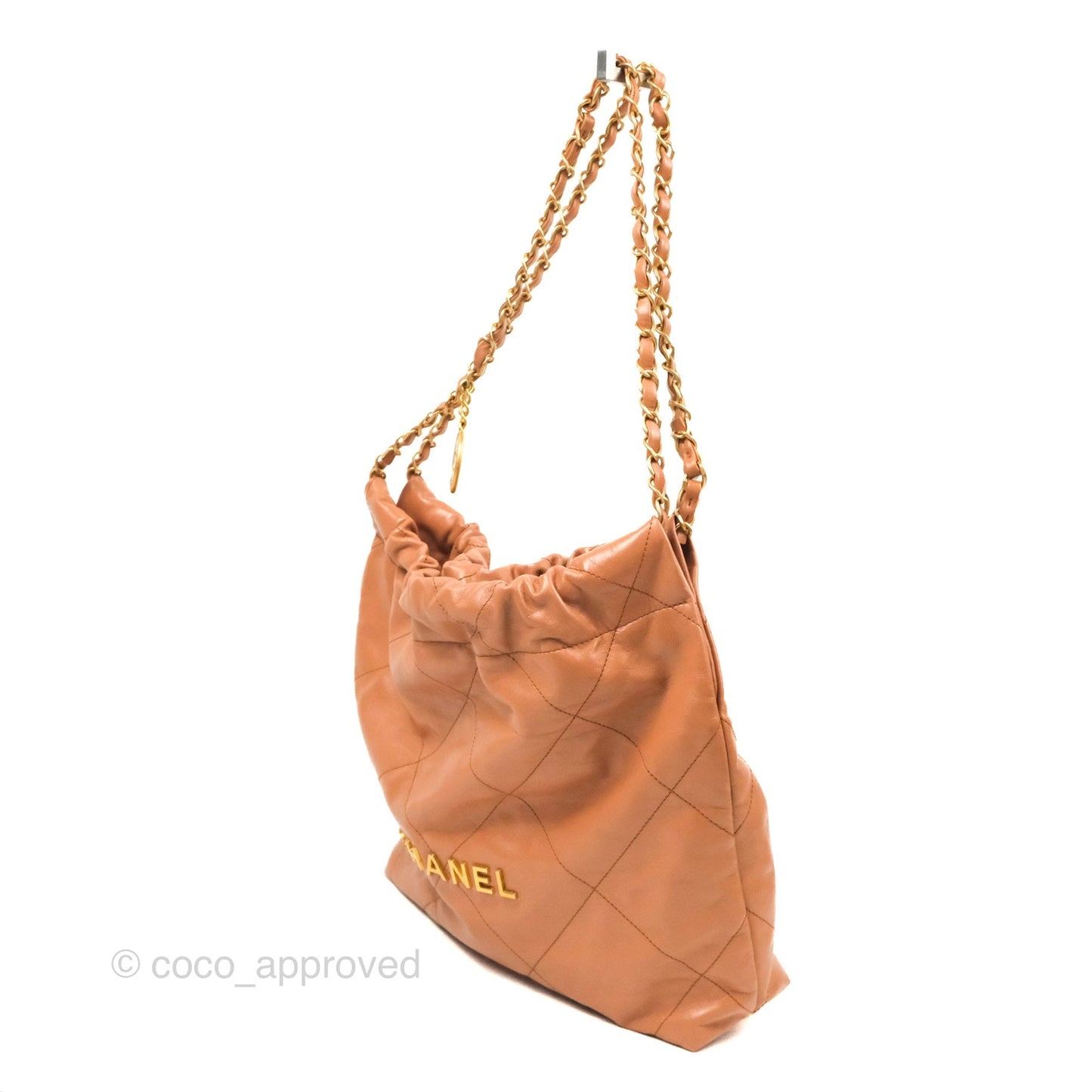 Chanel 22 Small Caramel Beige Shiny Calfskin Aged Gold Hardware