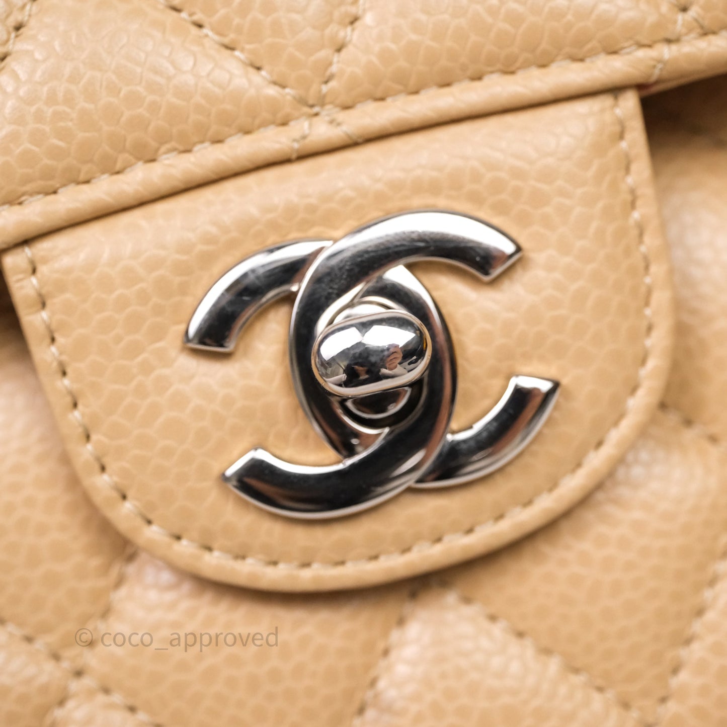 Chanel Classic M/L Medium Flap Quilted Beige Caviar Silver Hardware