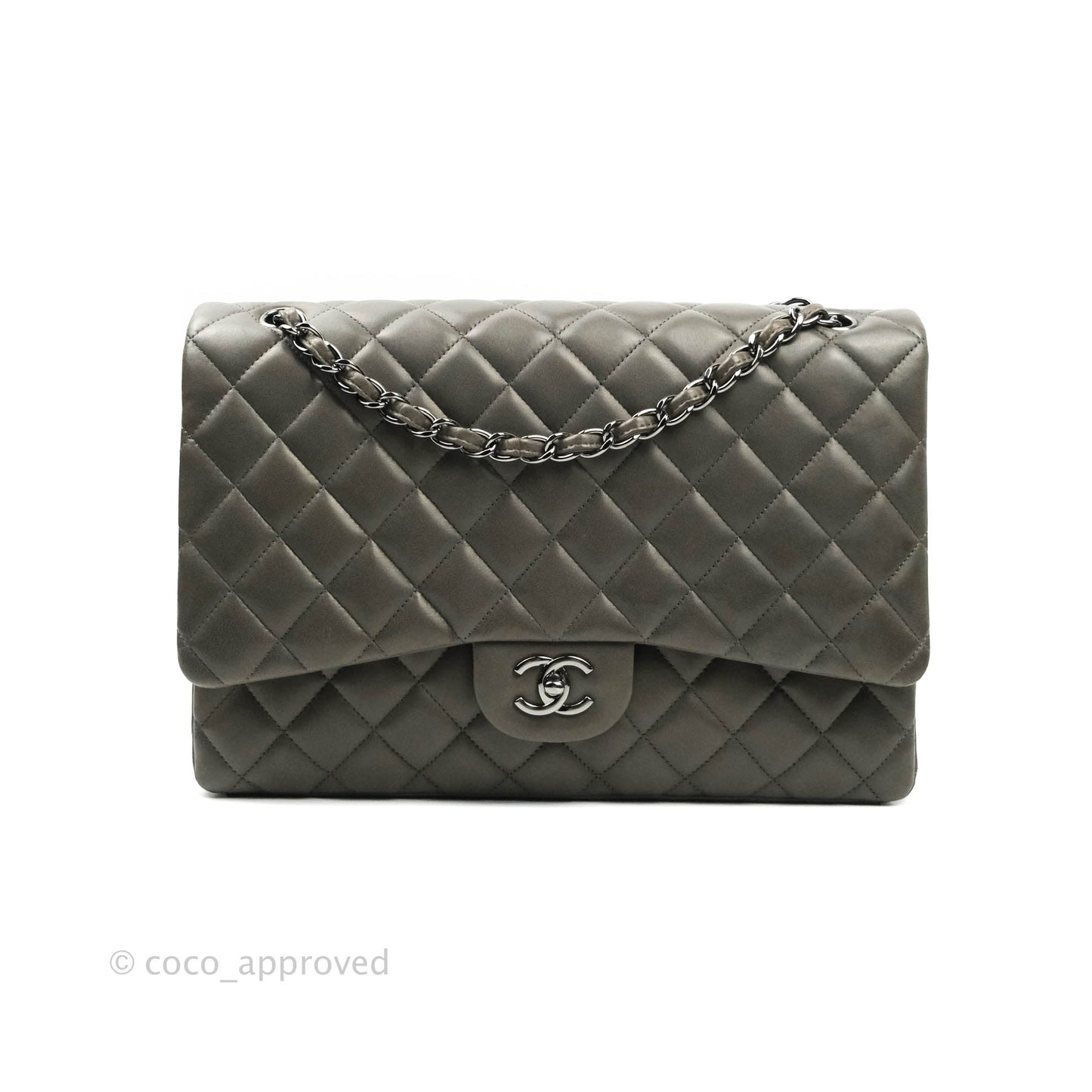Chanel Classic Single Flap Maxi Grey Lambskin Gun Metal Hardware