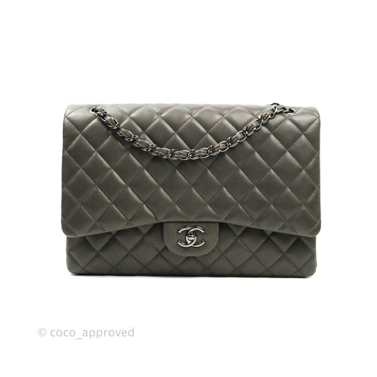 Chanel Classic Single Flap Maxi Grey Lambskin Gun Metal Hardware