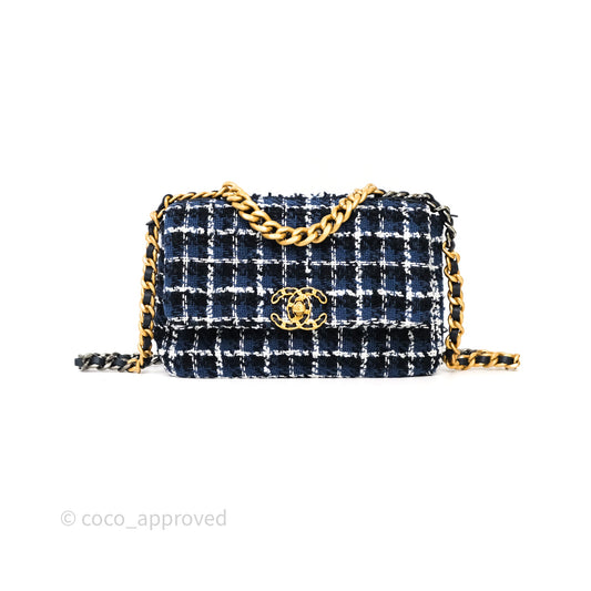 Chanel 19 Small Blue White Black Grid Tweed Mixed Hardware