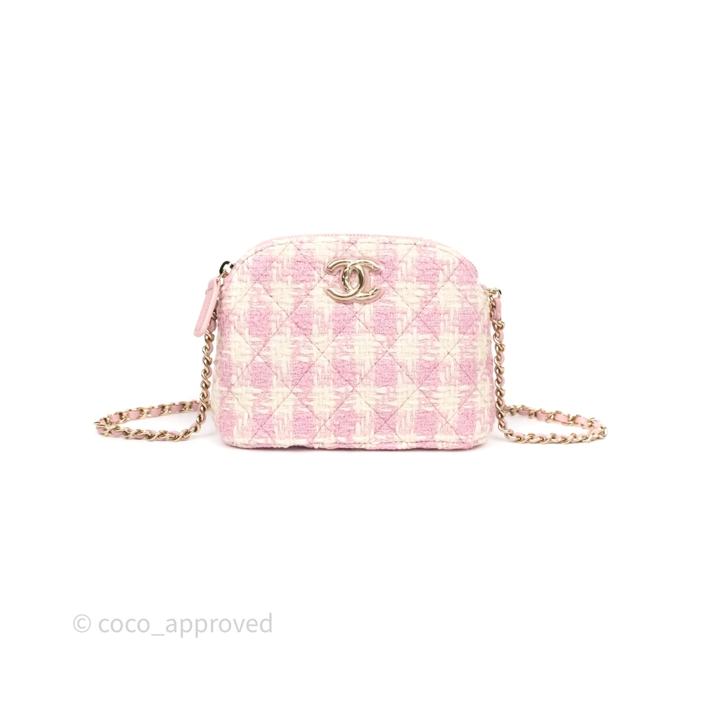 Chanel Mini Pouch On Chain White Pink Houndstooth Tweed Gold Hardware